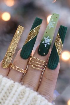 Ongles Bling Bling, Gold Nail, Nail Swag, Xmas Nails, Christmas Nail Designs, Christmas Nail, False Nail, Artificial Nails, Long Acrylic Nails