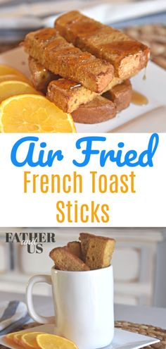 the french toast sticks are stacked on top of each other with orange slices in front of them