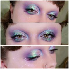 Purple And Teal Makeup Looks, Pink And Blue Glitter Makeup, Pink Iridescent Eye Makeup, Bold Colorful Makeup, Creative Colorful Makeup, Pink Hair Fairy Art, Oil Slick Makeup, The Last Unicorn Makeup, Aurora Borealis Makeup