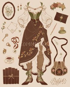 an illustration of a woman dressed in period clothing with many items to choose from her