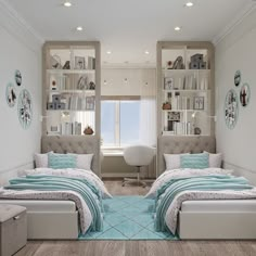 two beds in a room with bookshelves on the wall and shelves above them