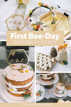 the first bee - day birthday party is complete with cake, cookies and desserts