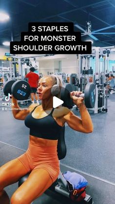 a woman squatting on a bench with dumbbells in front of her and the words 3 staples for monster shoulders shoulder growth