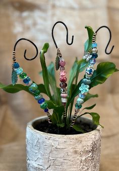 a potted plant with beads and leaves in it