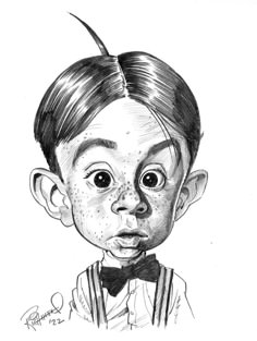 a black and white drawing of a young boy with freckles on his face