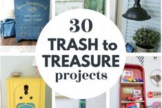 the words trash to treasure projects are overlaid with images of furniture and other items