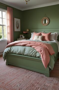 Revamp your bedroom with the soothing charm of sage green and pink. 🌿 Combine soft pink bedding, green walls, and gold accents for a dreamy yet elegant touch. Perfect for modern and vintage styles alike. 🌸 #PinkAndGreenBedroom #HomeDecorInspo #BedroomGoals