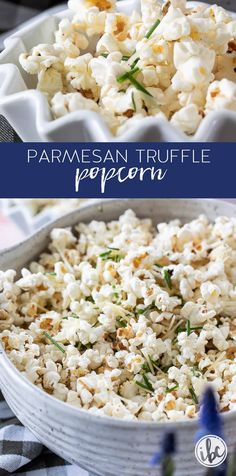 this is an image of a bowl of popcorn with the words parmesan truffle popcorn