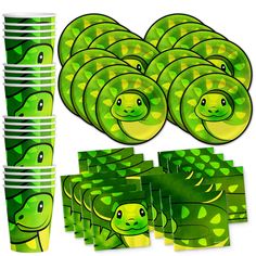 a bunch of green plates and cups on a white background with the image of a turtle