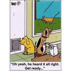 a cartoon shows two dogs looking out the window and one dog is on the ground