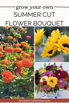 four different pictures with flowers in them and the words grow your own summer cut flower bouquet