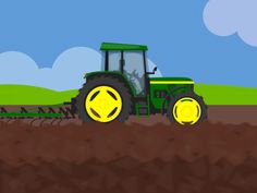 a tractor plowing the land with yellow wheels