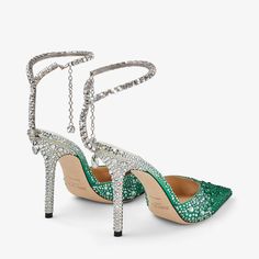 Green Louboutin Heels, Jimmy Choo Saeda 100, Fairy Shoe, Jewel Shoes, Jimmy Choo Saeda, California Christmas, Luxury Heels, Crystal Anklet, Jimmy Choo Heels