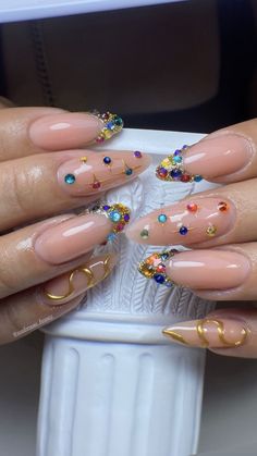 Gel X Nails Gold, Different Types Of French Tips, Nail Rhinestone Placement, Nails With Jewels Rhinestones, Heart Nails Short, Nails With Red Heart, Heart French Tip, Gel Nails Nail Art, Nails With Red