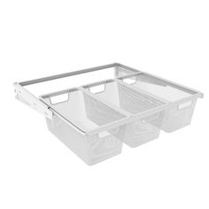 two plastic storage baskets with handles on each side and one is empty, the other half has