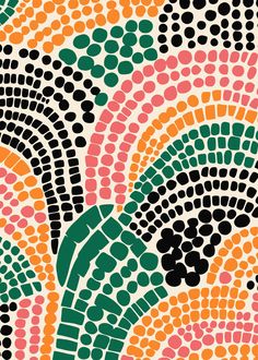 an abstract pattern with circles and dots in green, pink, orange, and black