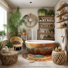 a bath tub sitting in the middle of a bathroom next to a potted plant