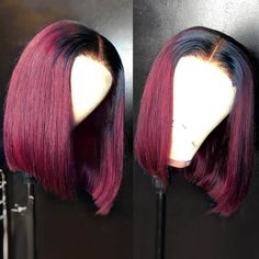 Asteria Hair 12inch Short Human Hair Wigs with Color,  #1b/99J Burgundy(dark red) ombre bob wig with black roots, #1b/99J colored bob wigs has 13x4 lace frontal, middle part bob wig hairstyle, or side part bob hairstyles could be made. Colored Bob, Auburn Ombre, Wigs Collection, Honey Blond, Ombre Burgundy, Blond Ombre, Ombre Bob, Blonde Bob Wig, Brazilian Hair Wigs