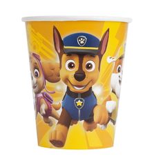 a cup with the character paw patrol on it's front and sides, sitting in front of a white background