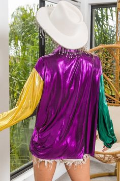 Metallic Mardi gras button up top. Color Block Shirts, Silky Shirt, Wedding Guest Style, Maxi Gown Dress, Kimono Jacket, Short Sleeved Sweaters, Romper Pants, Formal Gowns