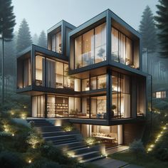 this is an artist's rendering of a modern house in the woods at night