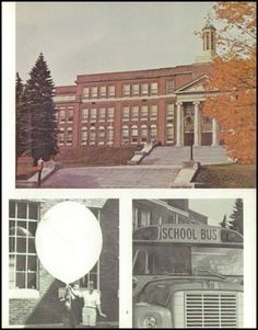 an old school building with two pictures of the front and back of it, one is in black and white