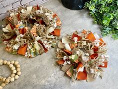 two wreaths made out of burlocks and other items on the ground next to some plants