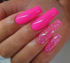 Neon Pink Nails Design, Neon Pink Nails Art, Pink Nails With Glitter Accent, Nails With Glitter Accent, Pink Nails With Glitter, Pink Nails Design, Barbie Pink Nails, Bright Pink Nails, Neon Pink Nails