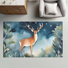 a painting of a deer in the woods with stars on it's antlers