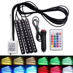 four different color lights and remote control for the light up projector, all in one