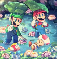 mario and luigi are in the water with lily pads on their heads, one is holding an umbrella