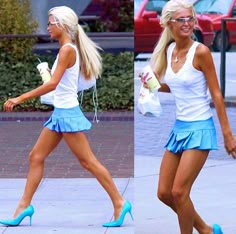 two pictures of a woman walking down the street wearing blue heels and a white top