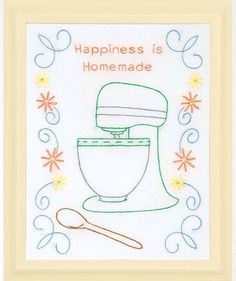 a cross stitch picture with a kitchen mixer and the words happiness is homemade