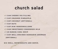 a menu listing the different types of food available for church salads and other meals