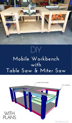 the diy mobile workbench with table saw and miter saw is shown