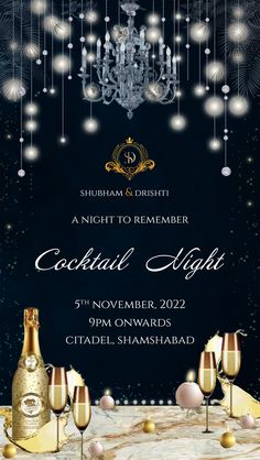 a poster for a cocktail party with champagne glasses and chandelier hanging from the ceiling