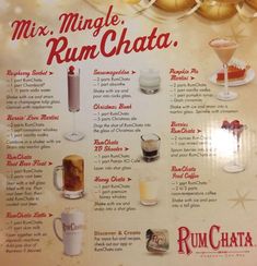 a menu for rumchata with drinks on it