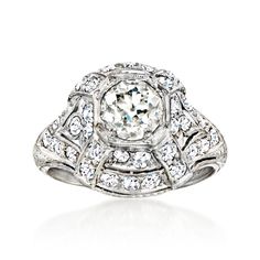 Ross-Simons - C. 1950 Vintage 1.60ct t. w. Diamond Filigree Ring Round Cut in Platinum. Size 5. C. 1950. Dating back to the Retro-era of design, this unforgettable Estate collection ring features a stunning .80 carat round Old European-cut diamond amid a high-profile filigree design lit by an additional .80 ct. t. w. round diamonds. A true heirloom-quality treasure, to be sure! Finely crafted in textured and polished platinum. 1/2" wide. Diamond filigree ring. Exclusive, one-of-a-kind Estate Jew Vintage Platinum Diamond Ring, Vintage Cluster Ring With Center Stone For Collectors, Estate Style Diamond Ring With Center Stone, Estate Style Formal Diamond Ring With Center Stone, Formal Estate Diamond Ring With Center Stone, Vintage Diamond White Cluster Ring, Vintage Platinum Cluster Ring With Center Stone, Estate Style Brilliant Cut Round Diamond Ring, Retro Era