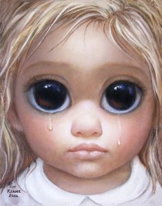 a close up of a doll with big blue eyes