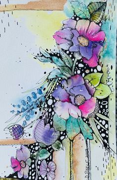 watercolor and ink painting of flowers in a vase