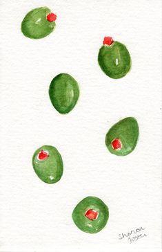 watercolor painting of green beans with red spots on white paper, in the shape of hearts