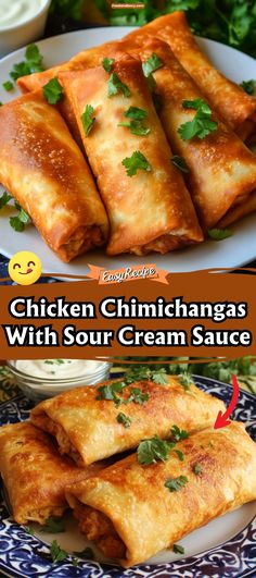 chicken chimichangas with sour cream sauce on a blue and white platter