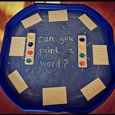 a blue tray with writing on it that says can you paint a word?