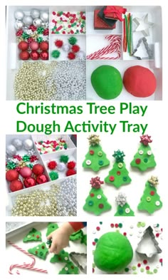 christmas tree play dough activity tray for toddlers and preschoolers to make with their hands