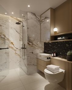 a bathroom with marble walls and flooring next to a walk - in shower stall