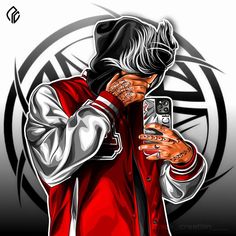 a man in a red jacket holding a cell phone