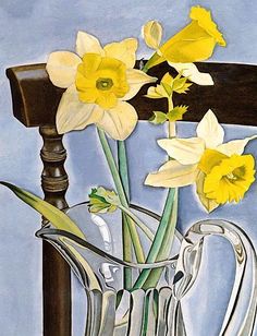 a painting of daffodils in a glass pitcher