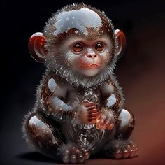 a glass monkey sitting on the ground with its eyes closed and hands in his pockets