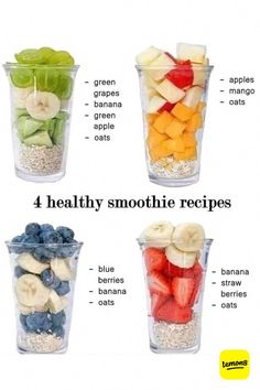 four healthy smoothie cups with different fruits and vegetables in each cup, labeled on the top