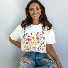 Colorful Wildflowers, Wildflower Design, Oversized T Shirt Dress, Cozy Evening, Boho Cottagecore, Flowers Gift, Flower Shirt, Botanical Flowers